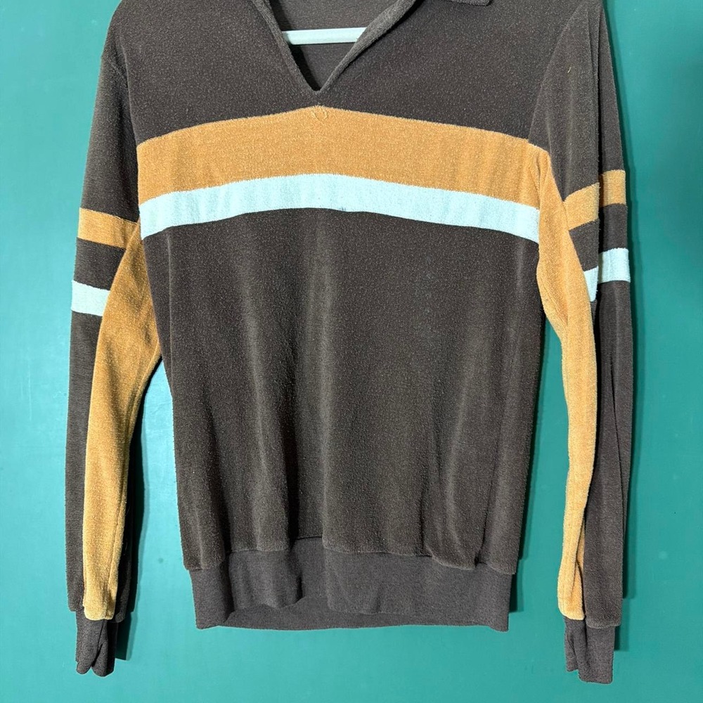 Vintage 70s Hukapoo Velour Brown Striped Polo Sweater Mens Small Retro Preppy